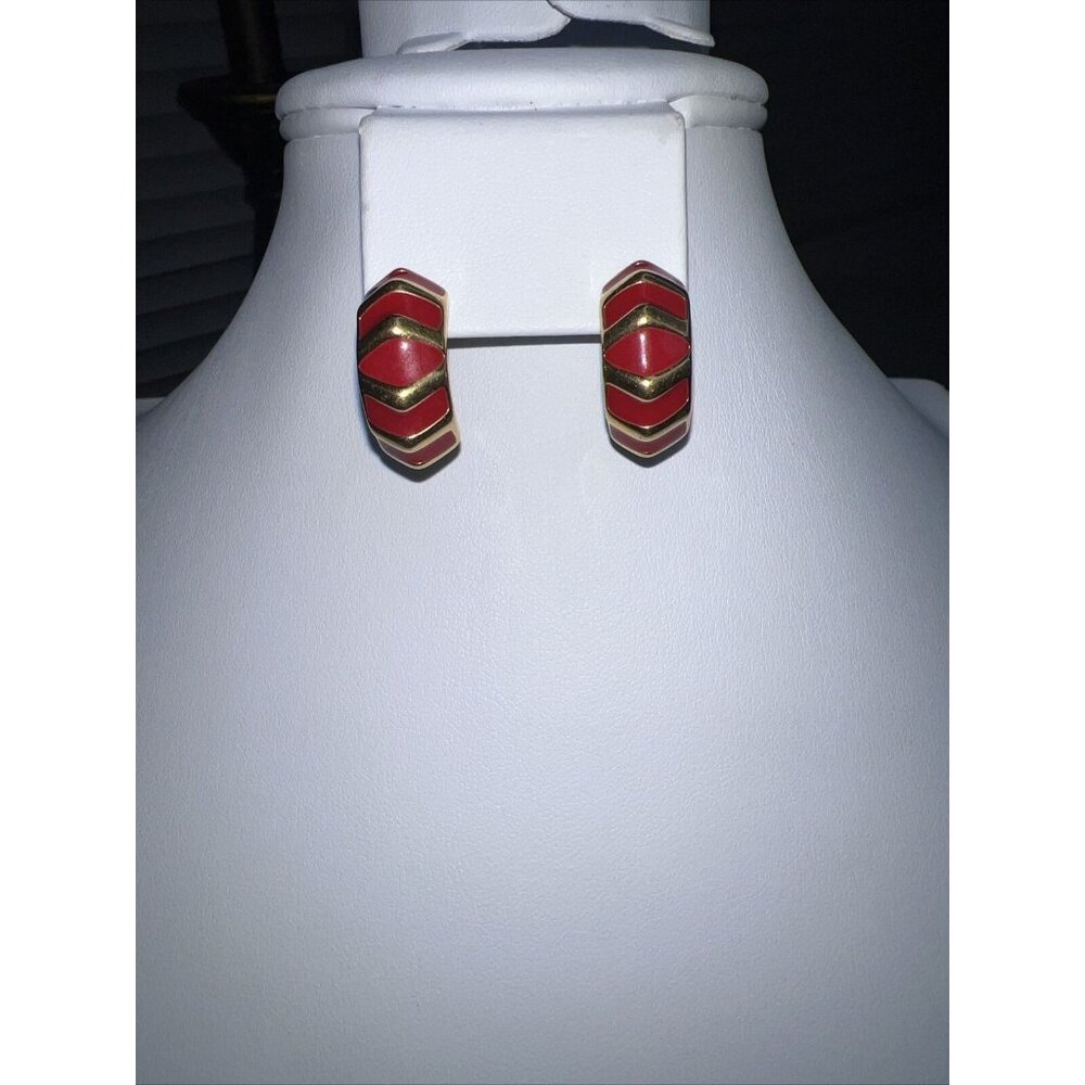 Vintage Monet Pierced Earrings Red Enamel and Gold Tone accent signed